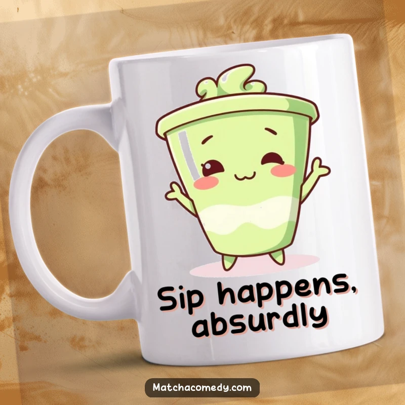 Funny matcha cup character striking a goofy pose, showcasing playful silliness and charming humor.