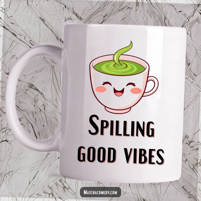 Funny laughing kawaii matcha tea cup with smiley face, spilling green liquid, cheerful.