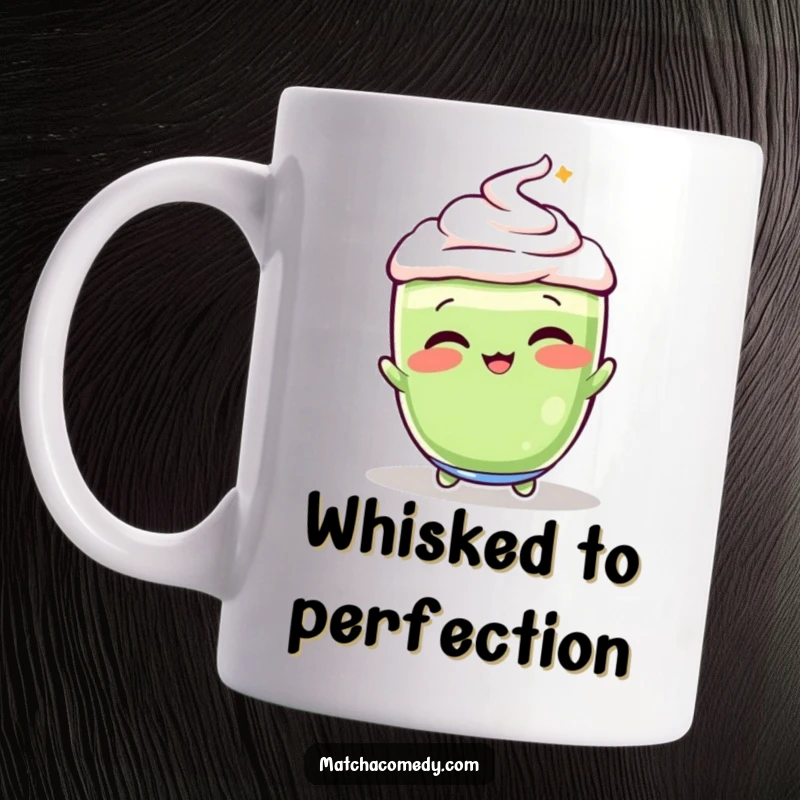 Funny, vibrant matcha latte in a playful pose, energetically whisking, featured on this delightful mug.
