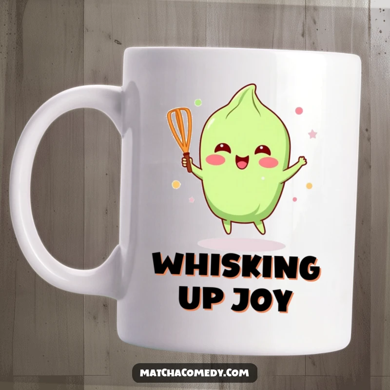 Funny Matcha Whisk Mug: A kawaii matcha whisk is depicted joyfully dancing with happy energy.