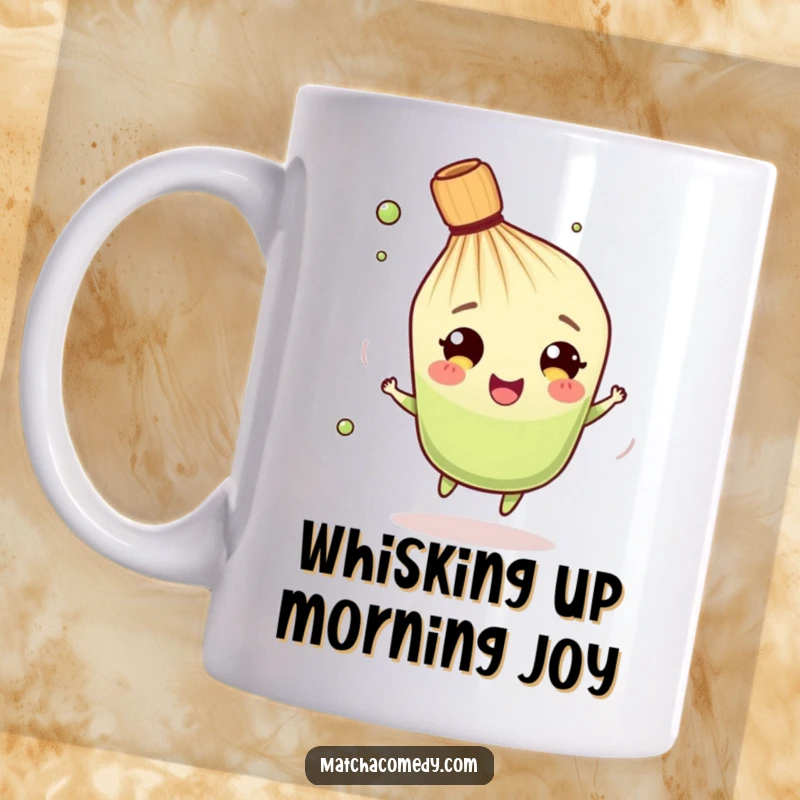 Funny Matcha Whisk Mug: A cheerful character spinning with pure delight, perfect for a morning pick-me-up.