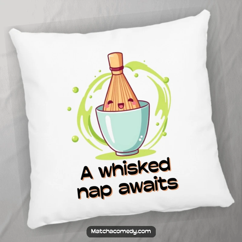 Funny matcha tea whisk in a playful spin, printed on a soft, decorative pillow for ultimate comfort and fun.