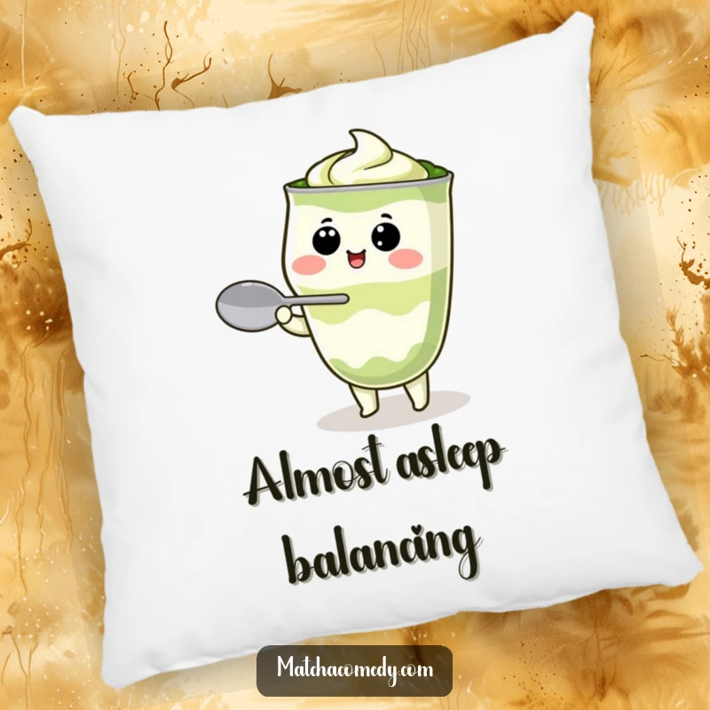 Funny Kawaii matcha latte character humorously balancing a spoon, soft and squishy, excellent decorative pillow for sofas or beds.