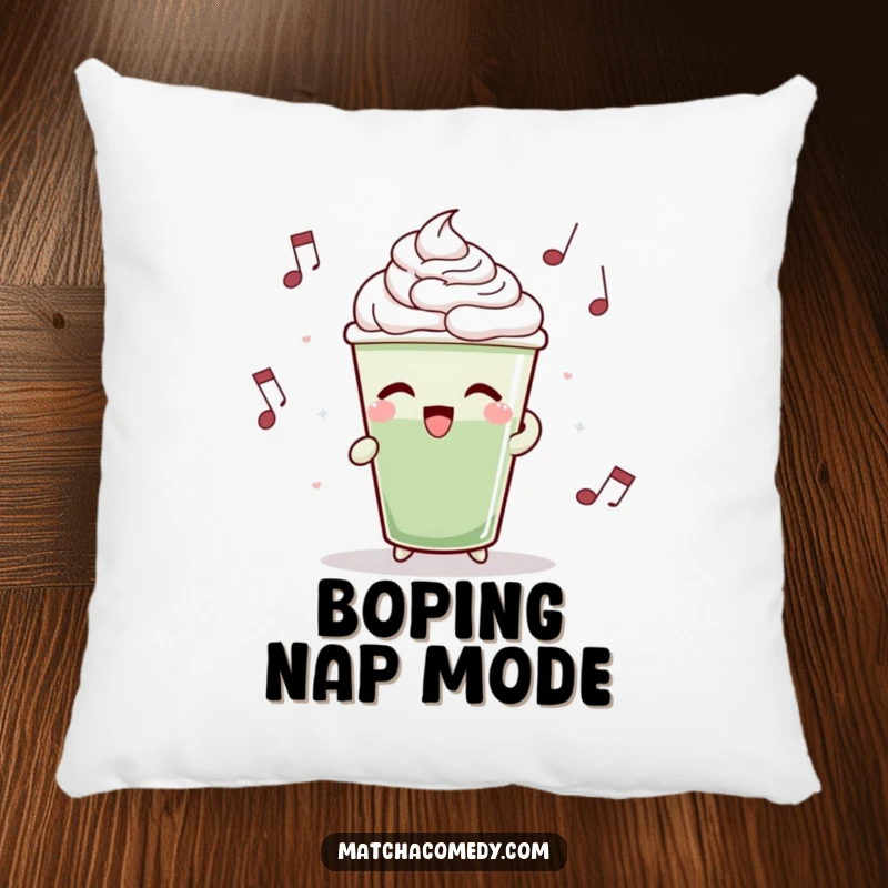 Funny matcha latte cup bobbing rhythmically to music, printed on a soft pillow for ultimate comfort.