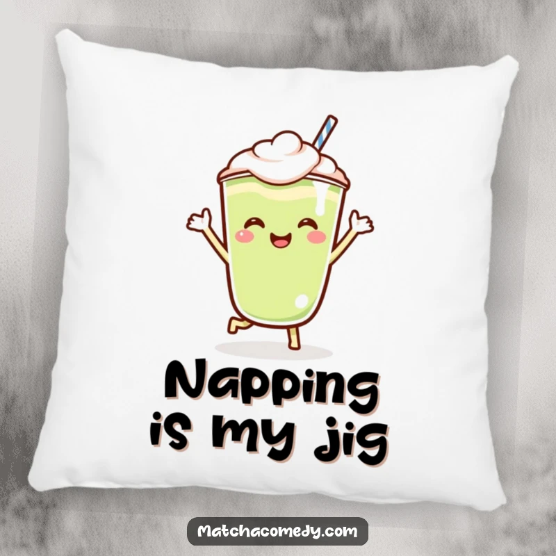 Funny Kawaii matcha latte pillow featuring a dancing character, offering both comfort and a delightful visual accent for relaxation.