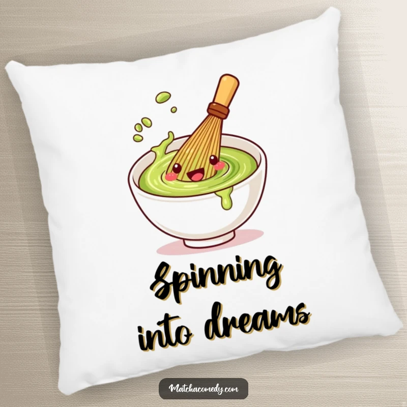 Funny Kawaii matcha whisk pillow featuring a spinning character, providing comfort and a delightful visual accent.