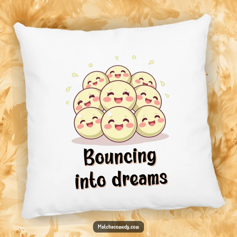 Funny pillow featuring a soft and inviting illustration of round, giggling matcha balls in a joyful, bouncy arrangement.