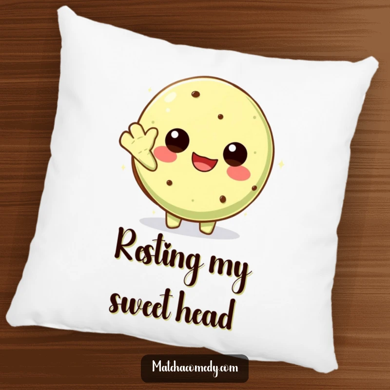 Funny Kawaii Matcha Cookie Pillow: Soft and squishy, featuring a cute character waving hello with humorous appeal.