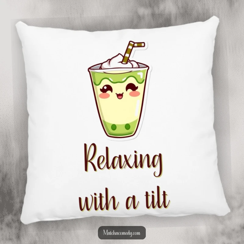 Funny Kawaii Matcha Drink Pillow: Soft and huggable, featuring a cute character with a straw sticking out humorously, great funny gift.