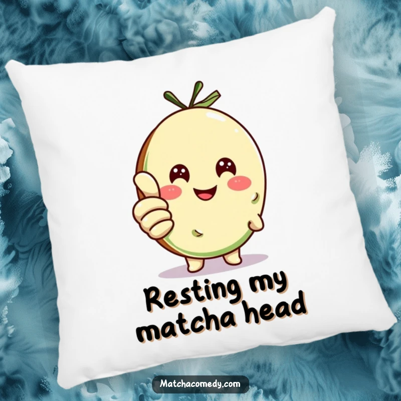 Funny matcha cookie character giving a thumbs up, printed on a soft, plush pillow, ideal for cozy humor.