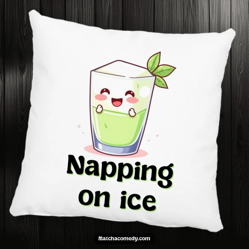 Funny smiling matcha ice cube leaping from a glass, featured on a soft, plush pillow. A comfy and amusing decor item.