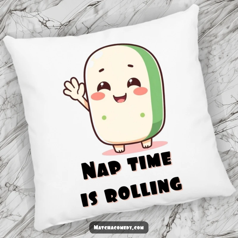Funny matcha roll character waving hello on a soft, plush pillow, adding a touch of cute humor.