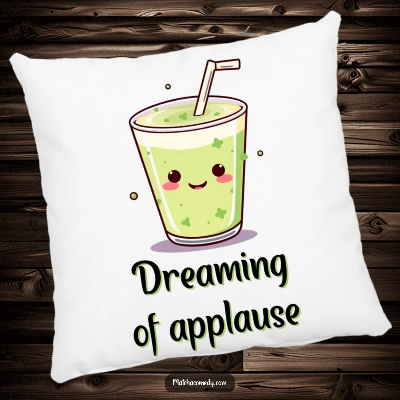 Funny Kawaii matcha drink executing a mic drop on this plush pillow, adding humor and style.