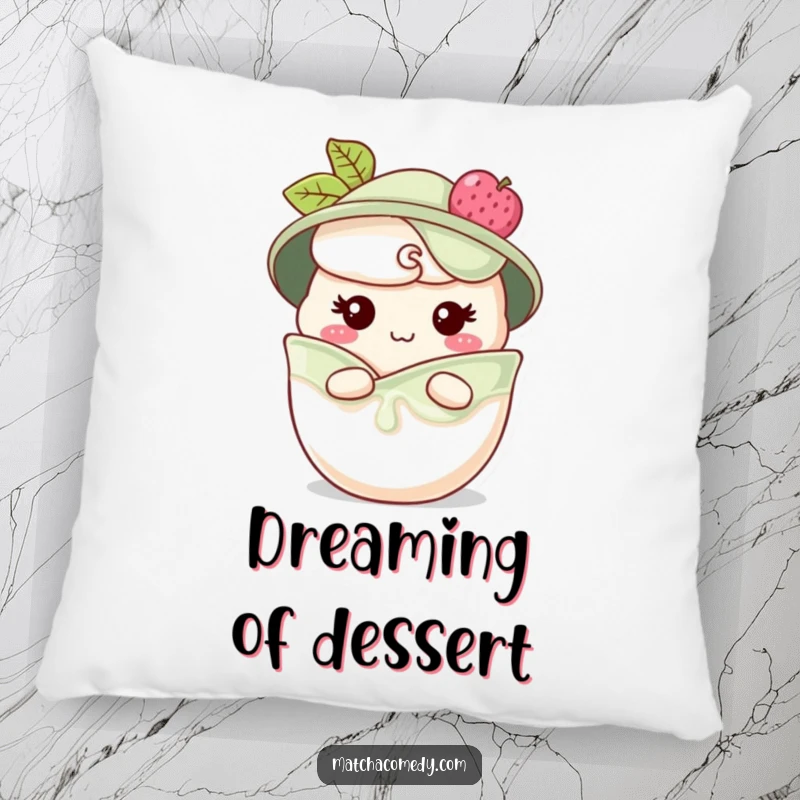 Funny matcha parfait pillow with a soft texture, featuring a character peeking from layers with a cheeky grin, perfect for cozying up, a funny gift.