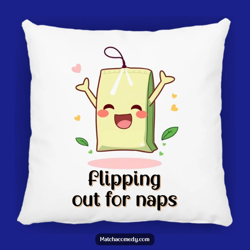Comforting Funny Matcha Tea Bag Pillow: Snuggle with Joyful Somersault Fun