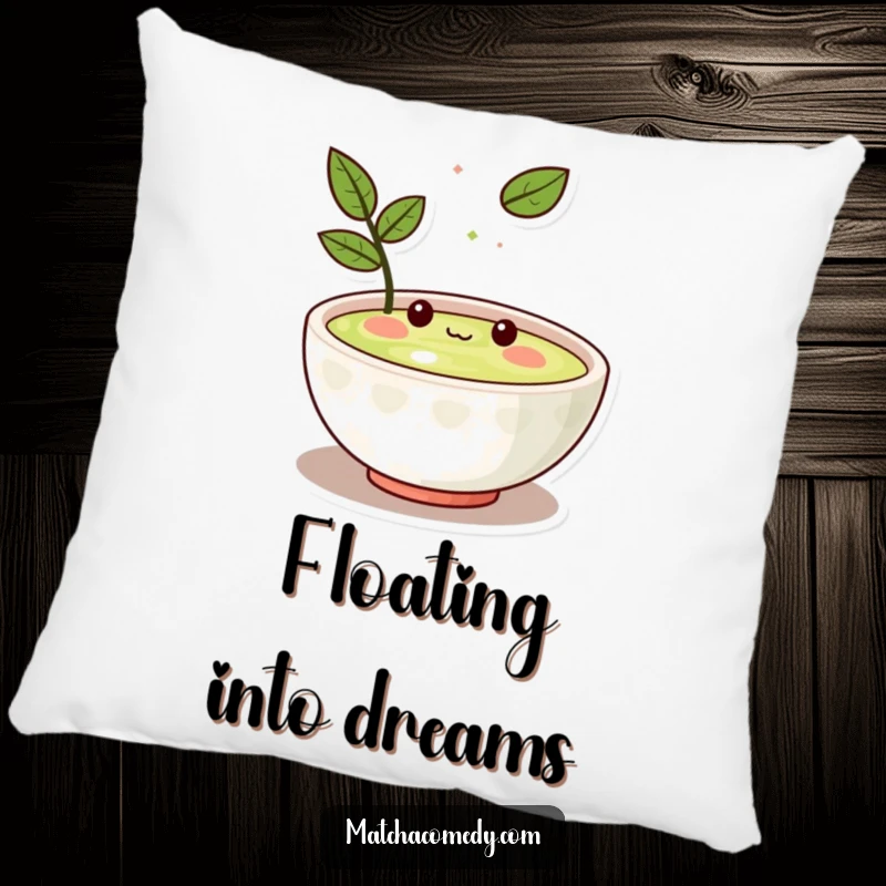 Funny Kawaii matcha bowl character amused by a floating leaf, soft and plush, great for sofas or beds.