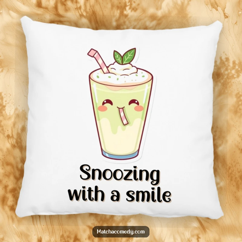 Funny Kawaii Matcha Latte Sipping Pillow: A soft pillow featuring a happy matcha latte with a tiny straw.