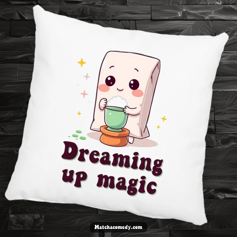 Funny Kawaii matcha powder bag performing a magic trick on this soft and enchanting pillow.