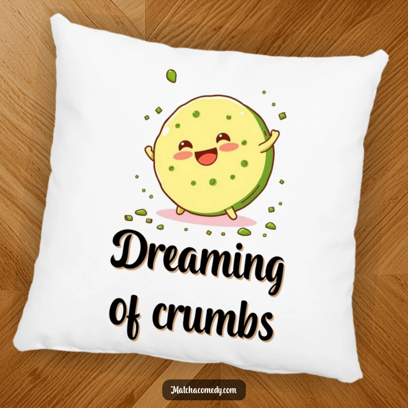 Funny, smiling matcha cookie doing a cartwheel and scattering green crumbs, adorning this soft and humorous decorative pillow.