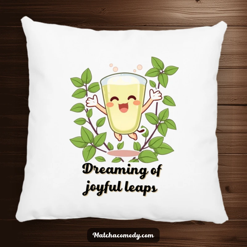 Funny Matcha Latte Pillow with an excited character joyfully jumping surrounded by green leaves, offering a comfortable and uplifting accent.