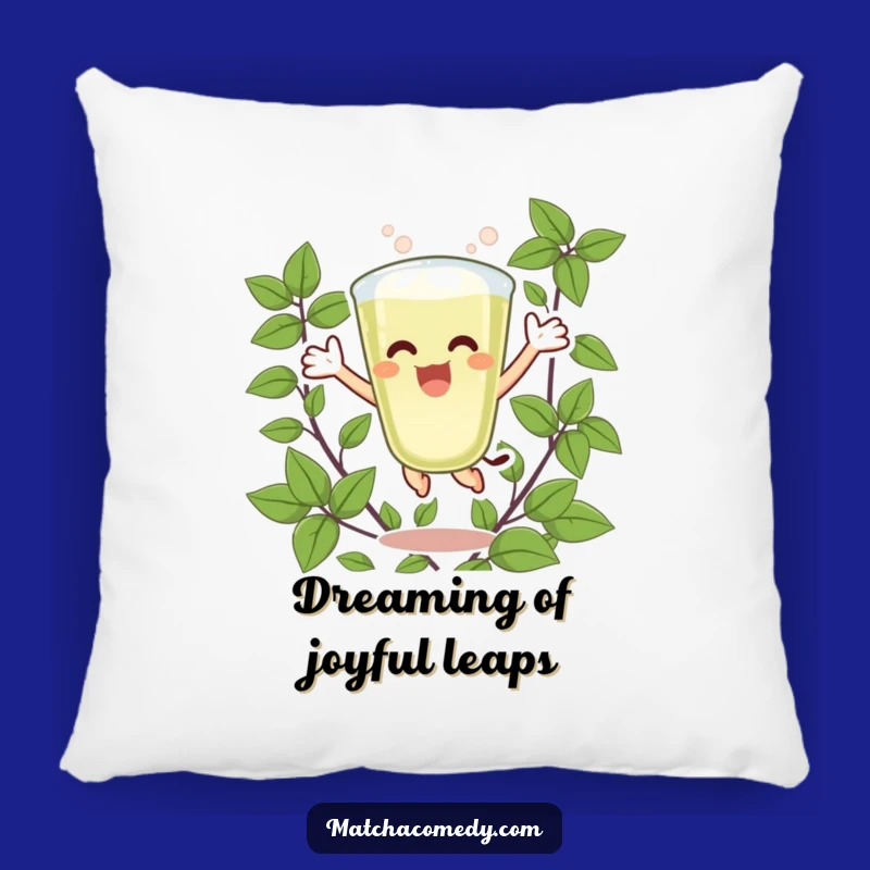 Funny Matcha Latte Joy Pillow: Excited Jumper, Green Leaves, Cozy Comfort Gift