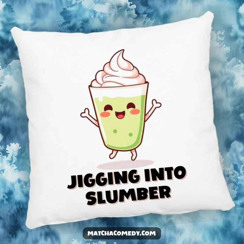 Funny dancing kawaii matcha latte with whipped cream, doing a cheerful jig, pillow.