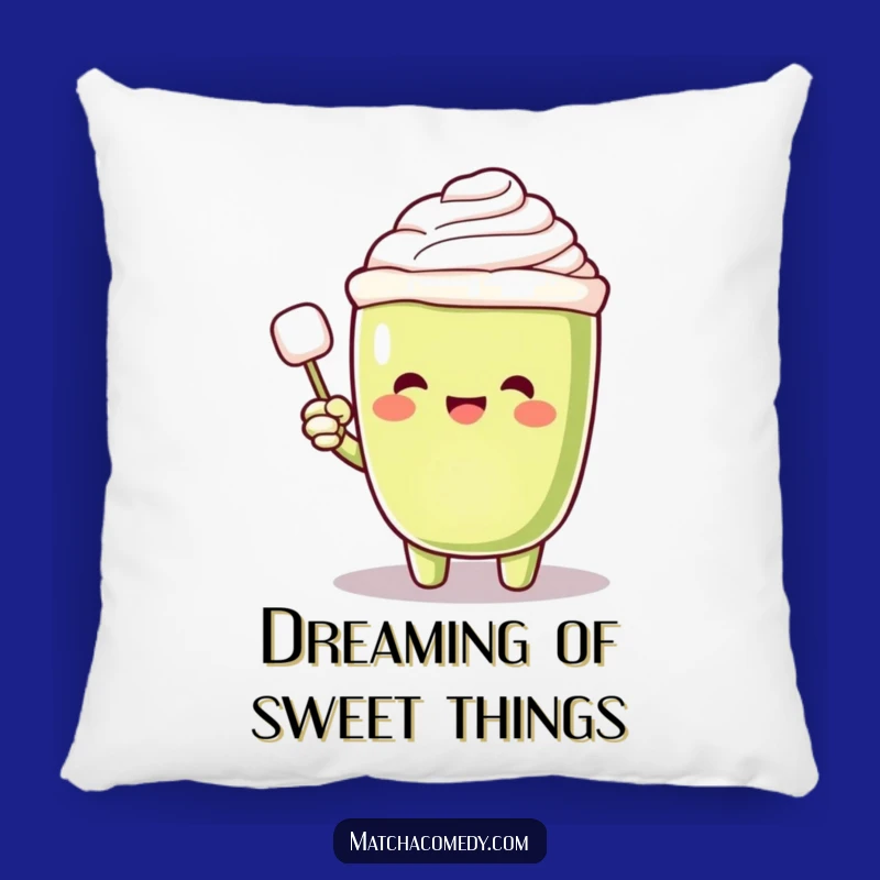 Funny Matcha Latte Sugar Seeker Pillow: Excited Character, Floating Cube, Cozy Comfort Gift