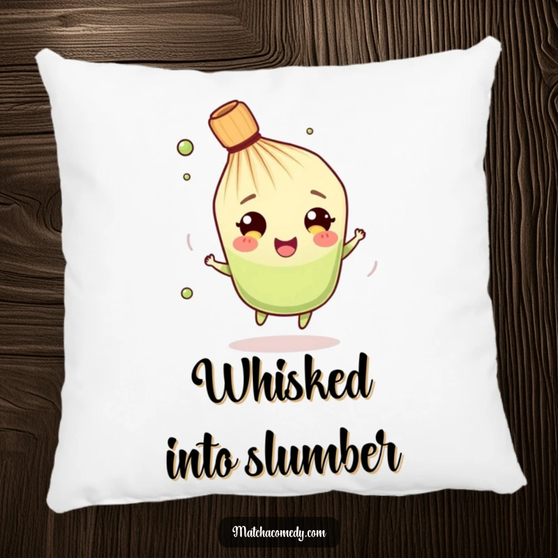 Funny Matcha Whisk Pillow: A soft cushion featuring a smiling character spinning merrily, ideal for enhancing comfort with humor.