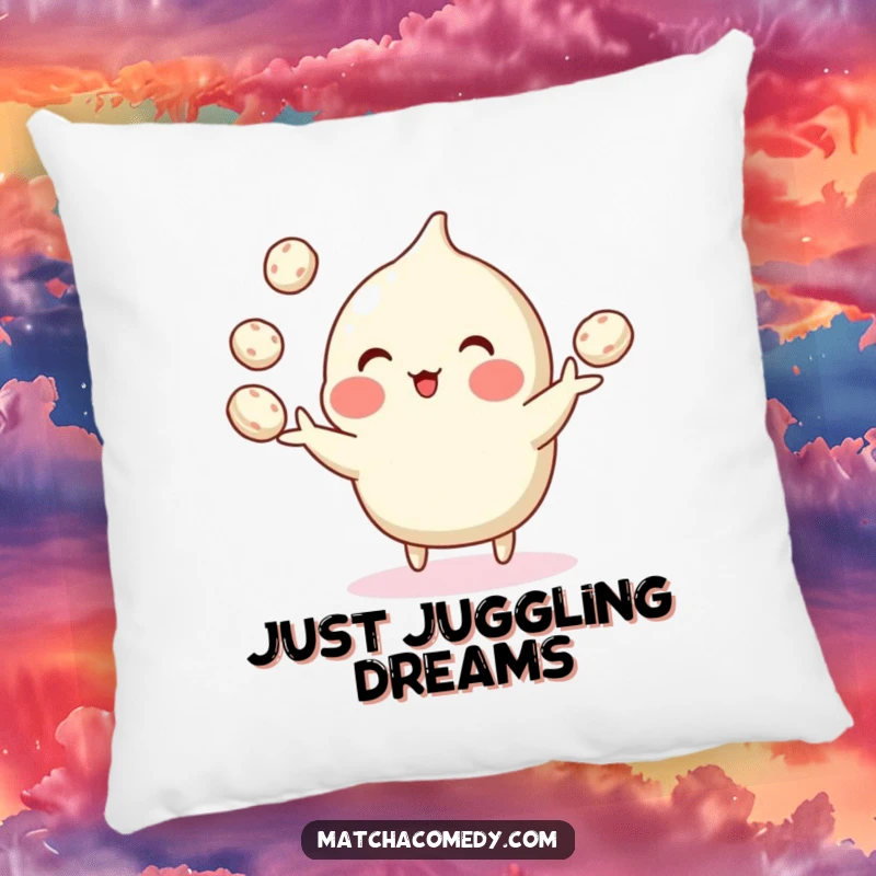 Funny and cute pillow showing a matcha confection juggling tiny mochi, adding a touch of playful sweetness to decor.