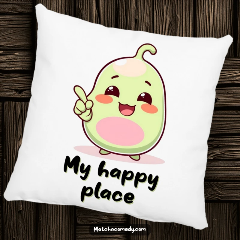 Funny Pillow featuring a happy giggling kawaii matcha bean pointing upwards with an exciting and endearing gesture, bringing humor to any room.