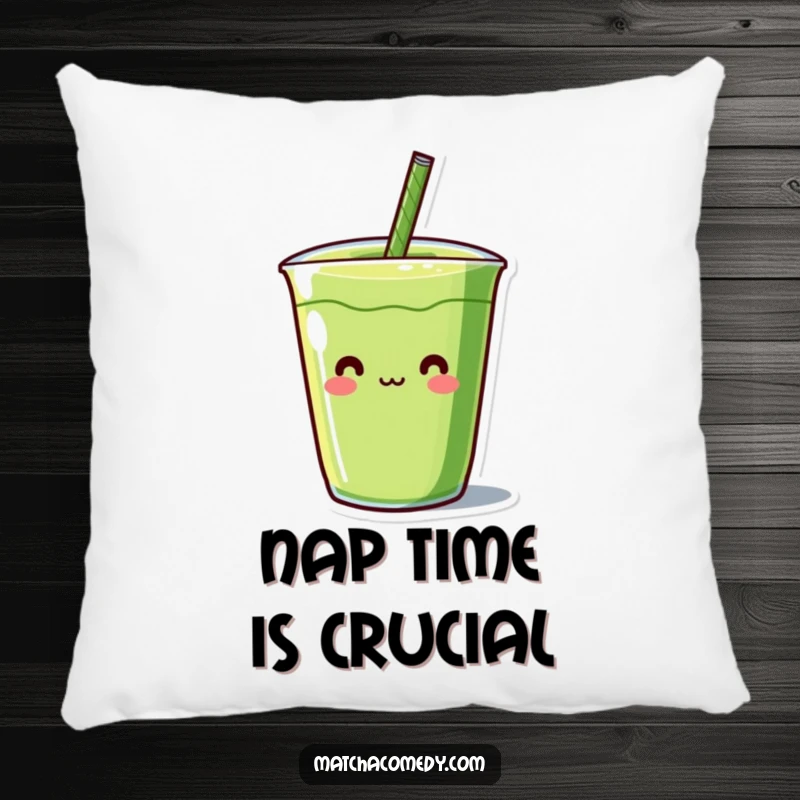 Funny Kawaii matcha beverage character with a comically large straw, soft and plush, great for sofas or beds.
