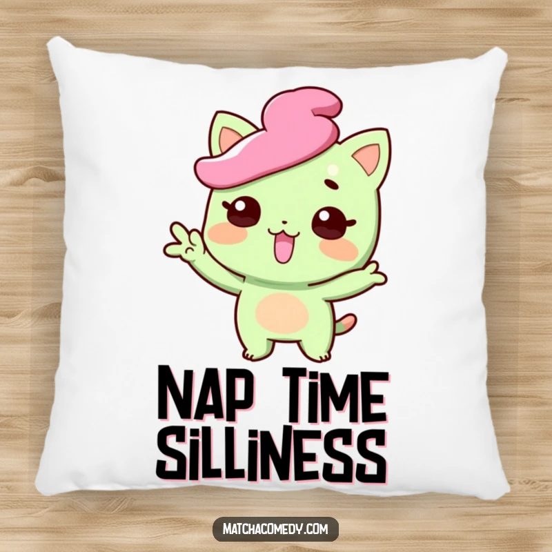 Funny matcha sweet pillow with a soft texture, showing a character striking a funny pose with tongue playfully sticking out, perfect for cozying up, a funny gift.