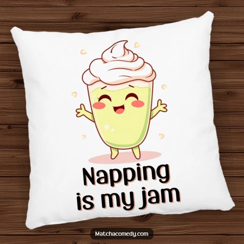 Funny Matcha Latte Pillow with a cheerful character doing a frothy shimmy, perfect for adding comfort and humor.