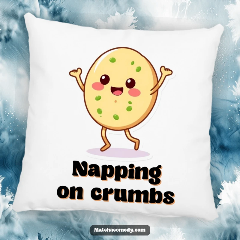 Funny matcha cookie with legs doing a silly dance, featured on a soft, plush pillow. A comfy and amusing decor item.