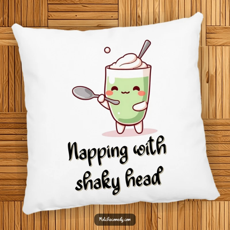 Funny Kawaii Matcha Latte Pillow: Soft and huggable, featuring a cute character humorously balancing a spoon, great funny gift.