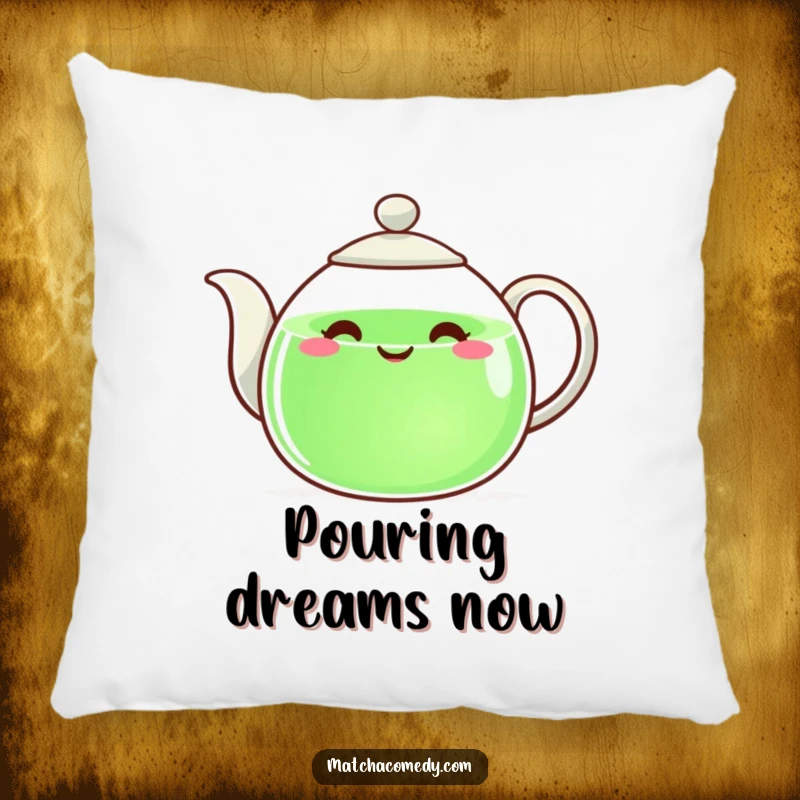 Funny teapot with a happy face pouring green liquid, printed on a soft pillow for ultimate comfort.