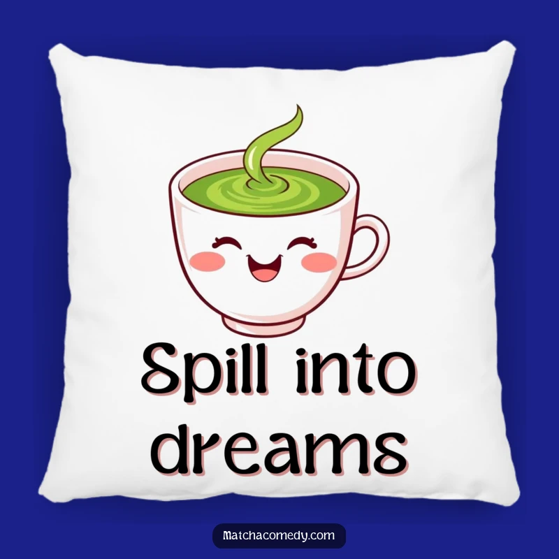 Funny Matcha Pillow: Laughing Kawaii Tea Cup Spilling Green Cushion