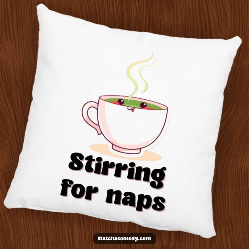 Funny matcha tea cup character happily stirring, providing plush comfort and a sense of calm humor on this decorative pillow.
