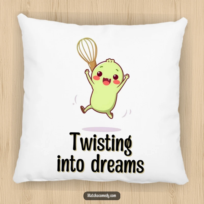 Funny pillow featuring a small, anthropomorphic matcha whisk in a funny acrobatic pose, bringing playful cheer to any space.