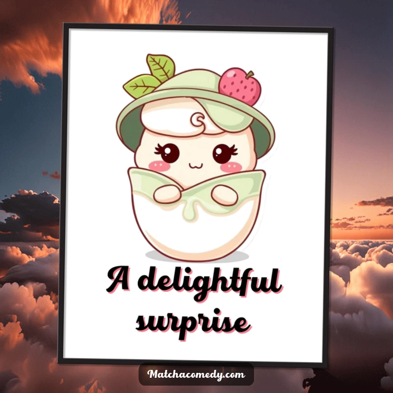 Funny matcha parfait digital art print of a character peeking from layers with a cheeky grin, perfect for charming decor, a funny gift.