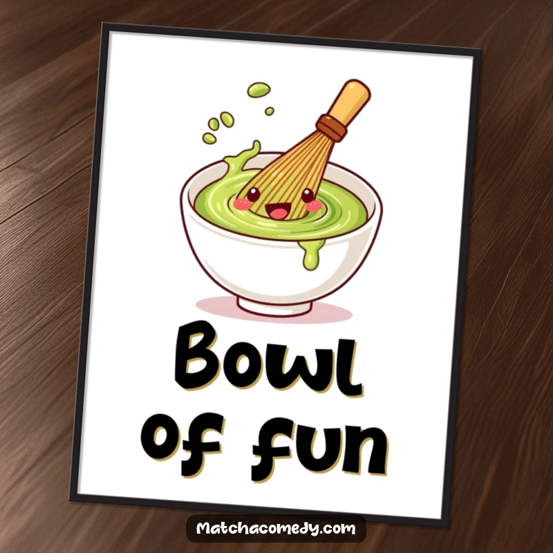 Funny Kawaii matcha whisk digital art print featuring a character spinning playfully, ready to download and display.