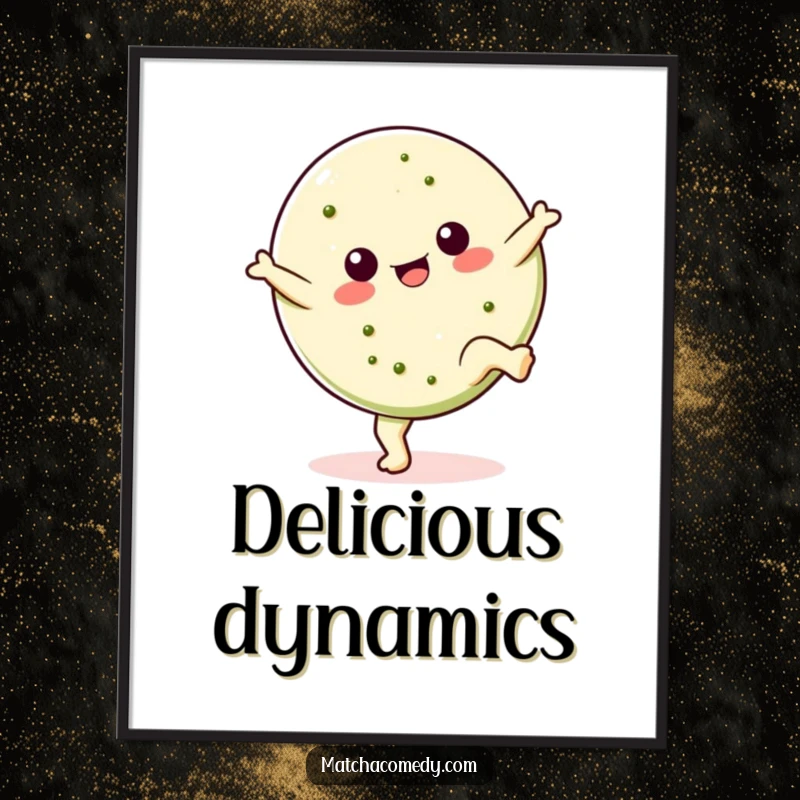 Funny Kawaii matcha cookie digital art print in a cartwheeling pose, a cheerful and energetic design perfect for humorous home decor, great gift.