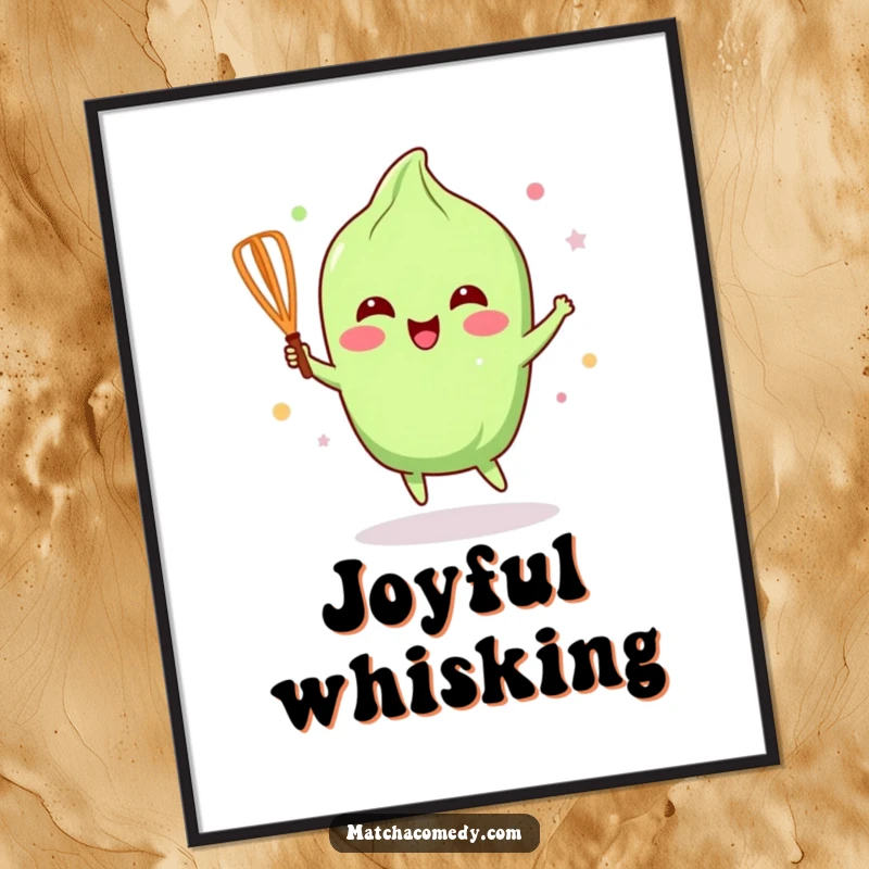 Funny Matcha Whisk Digital Art Print: An animated kawaii matcha whisk dances happily, radiating pure, contagious joy.