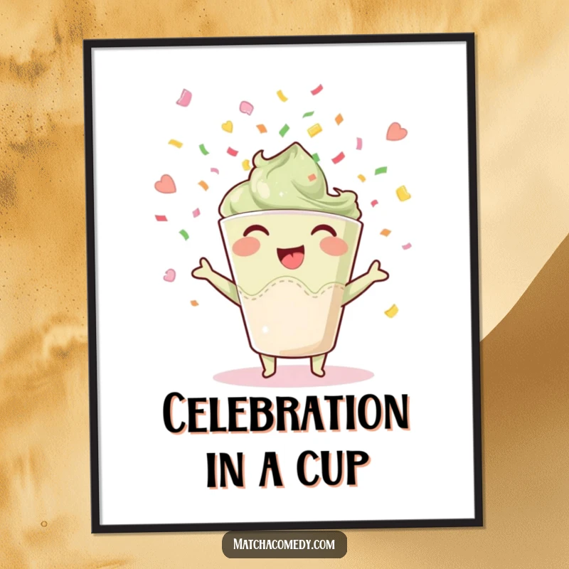 Funny happy matcha cup digital art, joyfully throwing confetti, printable art full of festive celebration and humor.