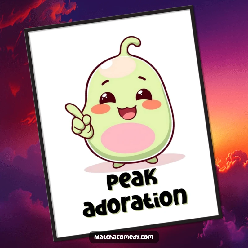 Funny Digital Art Print of a laughing kawaii matcha bean pointing upwards with an excited and comical expression, perfect for screens.