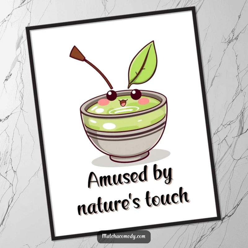Funny Kawaii Matcha Bowl Digital Art Print: High-resolution humorous illustration of a cute character amused by a floating leaf.