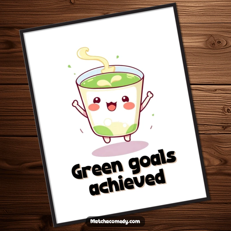 Funny Digital Art Print of a kawaii matcha tea cup bouncing with uncontainable excitement, perfect for adding a dynamic flair.