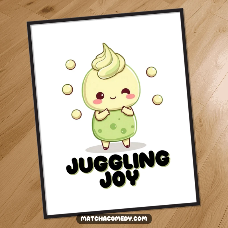 Funny Kawaii matcha dessert character comically juggling small matcha balls, high-resolution digital art, perfect for framing.