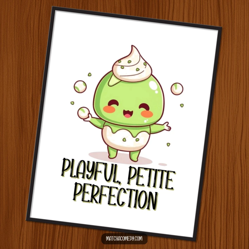 Funny Kawaii Matcha Dessert Digital Art Print: High-resolution humorous illustration of a cute character juggling tiny matcha balls.