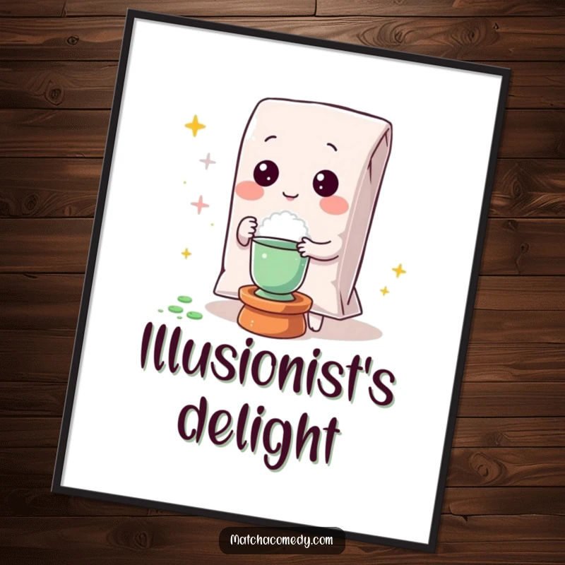 Funny Kawaii matcha powder bag performing a magic trick in this charming and humorous digital art print.